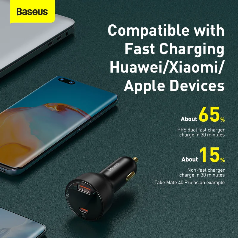 Baseus 100W Car Charger Digital PPS QC PD 3.0 Dual Port USB Type C Quick Charger Laptop Phone Charger For iPhone Huawei Xiaomi