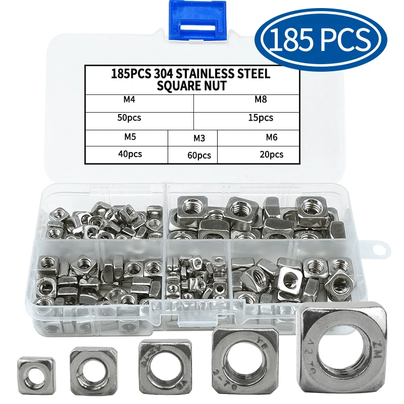 185pcs Square Nuts Assortment Kit A2 Stainless Steel M3 M4 M5 M6 M8 Metric Square Nuts Set Din557 Four-sided Nuts