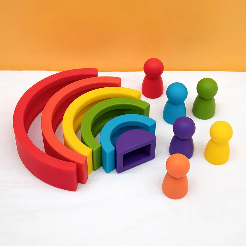 Bloco de construção de arco-íris geométrico de silicone, mordedor de silicone sem bpa para bebês, brinquedos educativos montessori, bloco de empilhamento, presentes para bebês