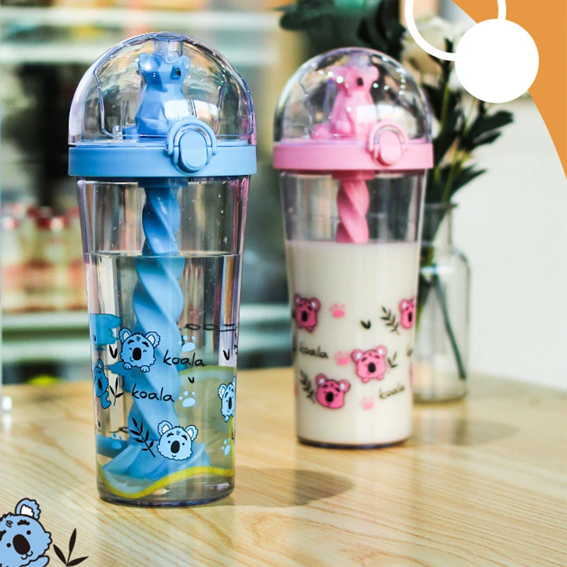 Creatieve waterfles met stro, cartoon mixing cup, schattig en grappig, dierlijk ontwerp, plastic, meisjeshart