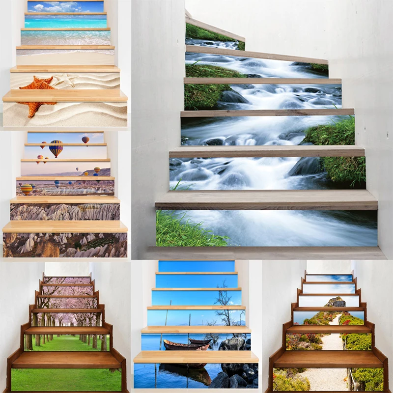 3D Scenery Beach Stair  Stickers Decoration Removable Adhesive Staircase Escalera Living Room Decor Stairway Decal 6pcs/13pcs