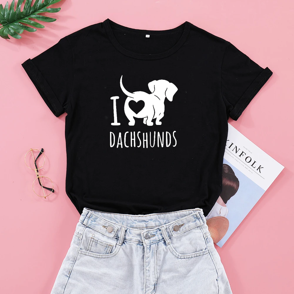 

Забавные футболки I Love Dachshunds с графическим рисунком, Женская хлопковая футболка, одежда для собак и мамы, рубашки для любимых питомцев, модная Прямая поставка