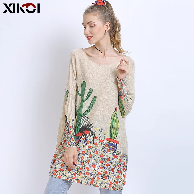 XIKOI Wool Oversized Sweater For Women Winter Long Pullover Dress Fashion Cactus Print Jumper Casual Knitted Sweater Pull Femme