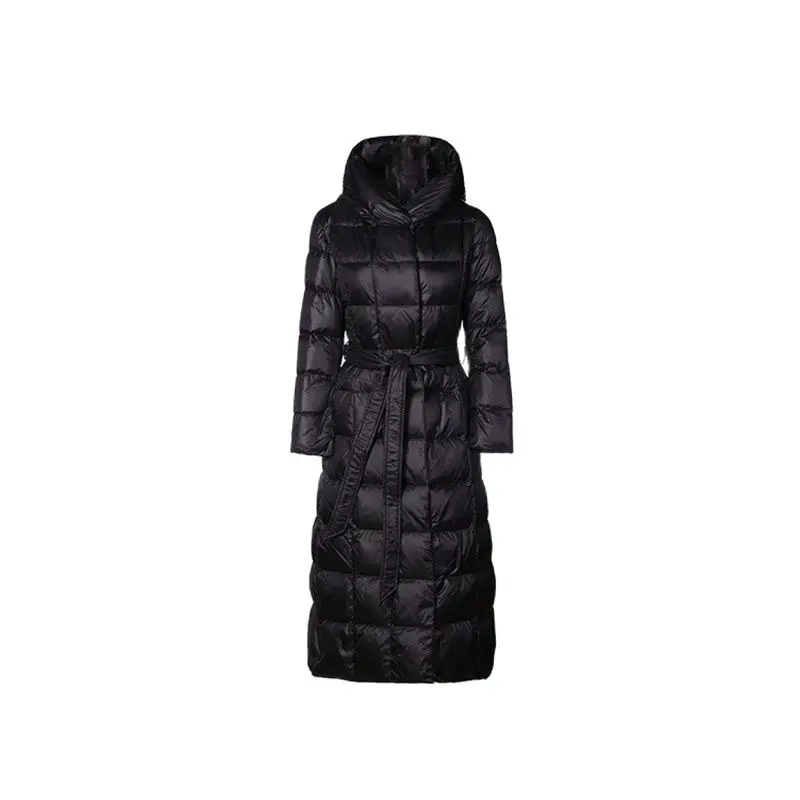 Women\'s winter long down jacket puffer jacket black navy blue hood  down coat