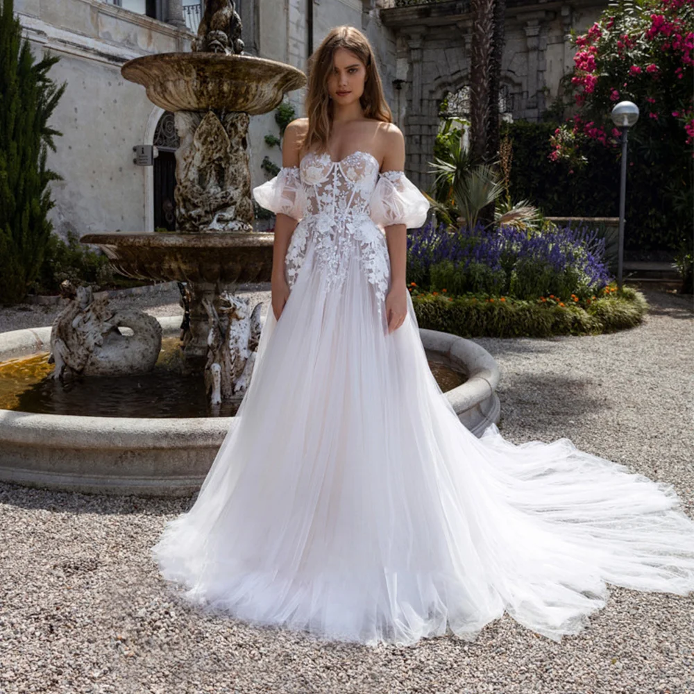 Aviana-vestidos de novia de princesa con hombros descubiertos, escote corazón desmontable, manga corta abullonada, apliques de encaje, línea A, vestidos de novia