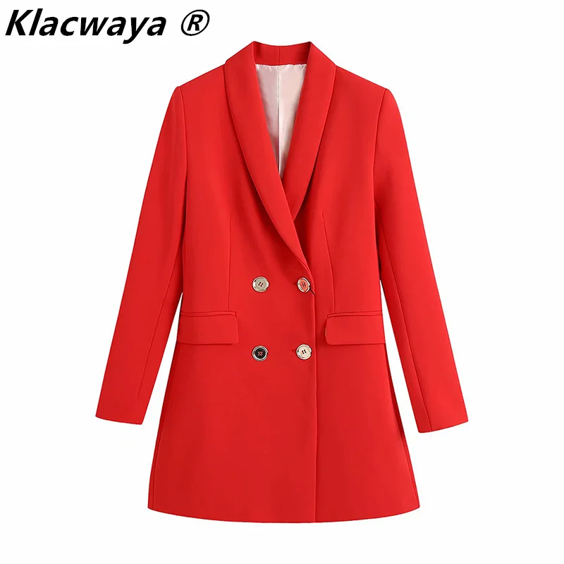 

Klacwaya Women 2020 Fashion Double Breasted Blazer Coat Vintage Solid Color Long Sleeve Flap Pockets Female Outerwear Chic Tops