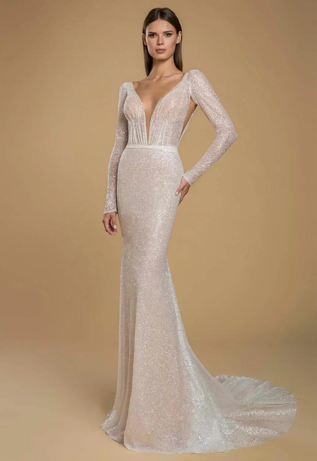 2021 abiti da sposa a maniche lunghe con scollo a V paillettes in pizzo abiti da sposa a sirena abiti da sposa aperti sul retro su misura Sweep Train Robe De Mariée