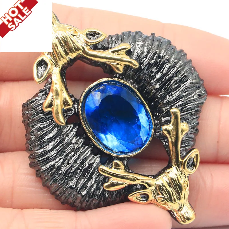 

56x42mm SheCrown 26g Male deer Created Paris Blue Topaz Cool Black Gold Silver Pendant Gift For Man Gothic