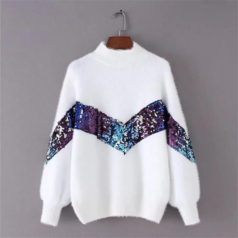 2023 New Women\'s Sweater Autumn And Winter New Fashion Half-high Collar Mohair Embroidery Sequins Lantern Sleeve Sweater