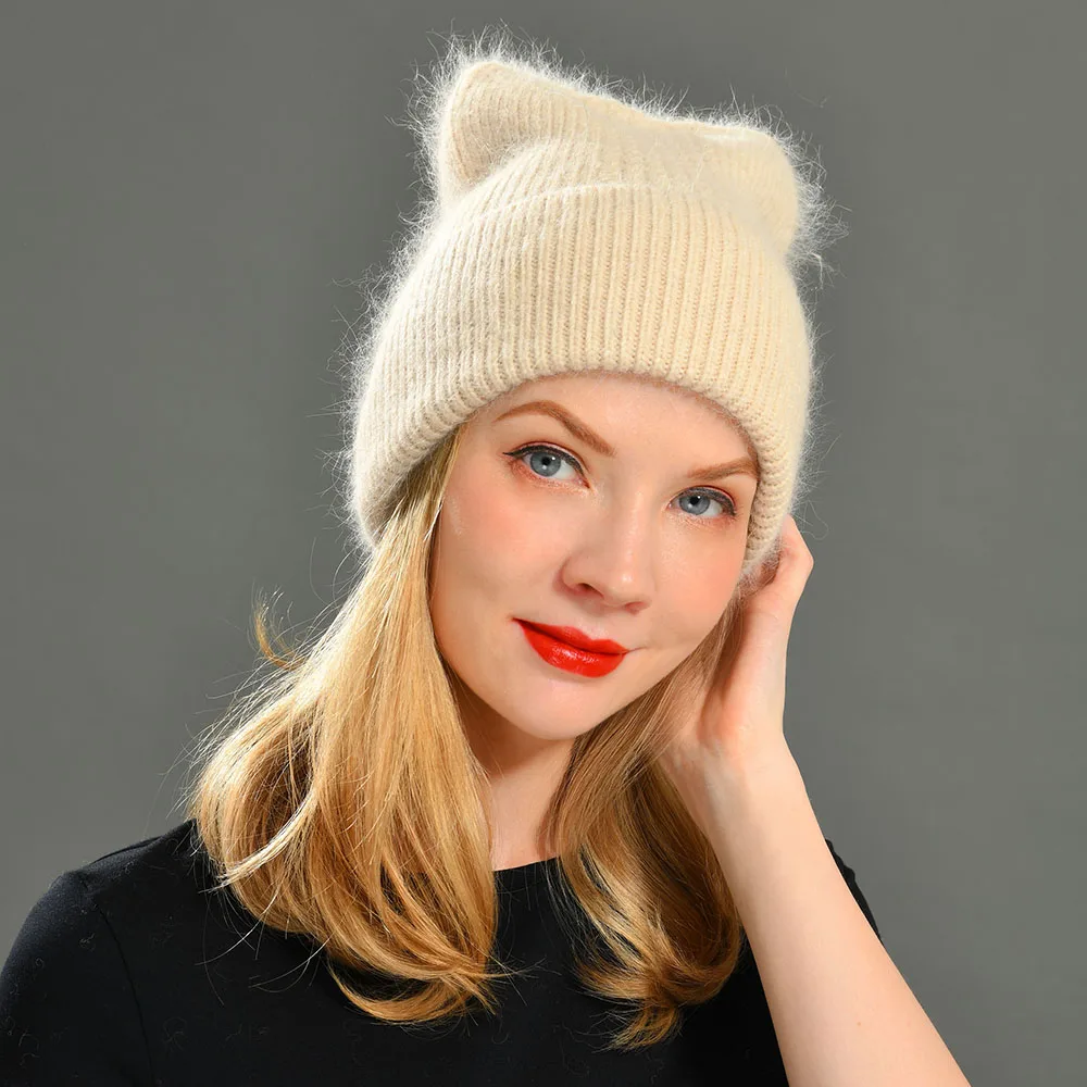 

Women Knitted Winter Hat Ears Female Warm Rabbit Hair Knitted Beanie Girls Solid Cashmere Knitted Women Skullies Beanie Soft Hat