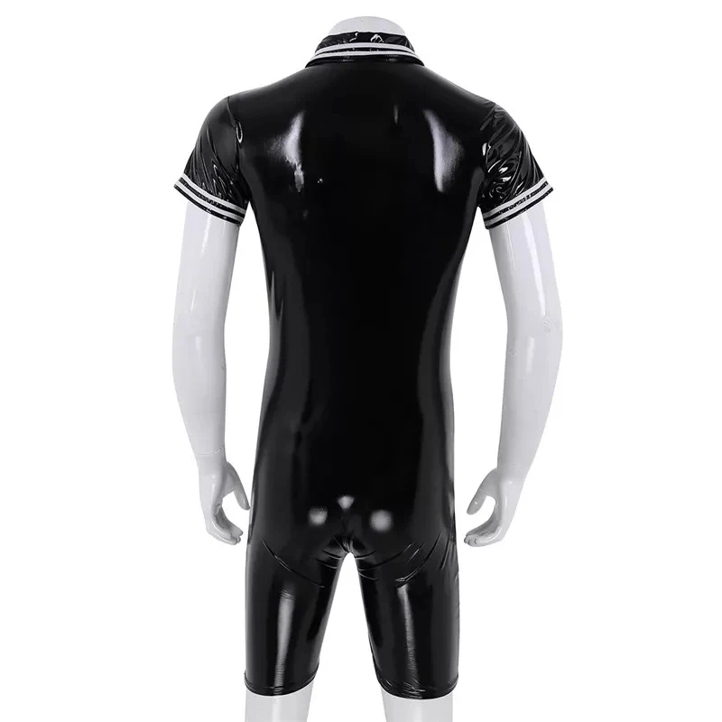 Plus Size Mens Sexy Glossy PVC Leather Bodysuit Erotic Shaping Latex Casual Coat Male Shiny Metallic Patent Leather Shirts Sexi