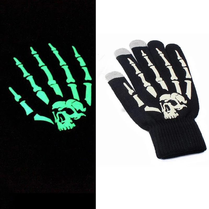 Creative Luminous Skull Gloves Non Slip Hand Warmer Knitted Gloves Skull Bone Wrist Gloves for Halloween Supplies