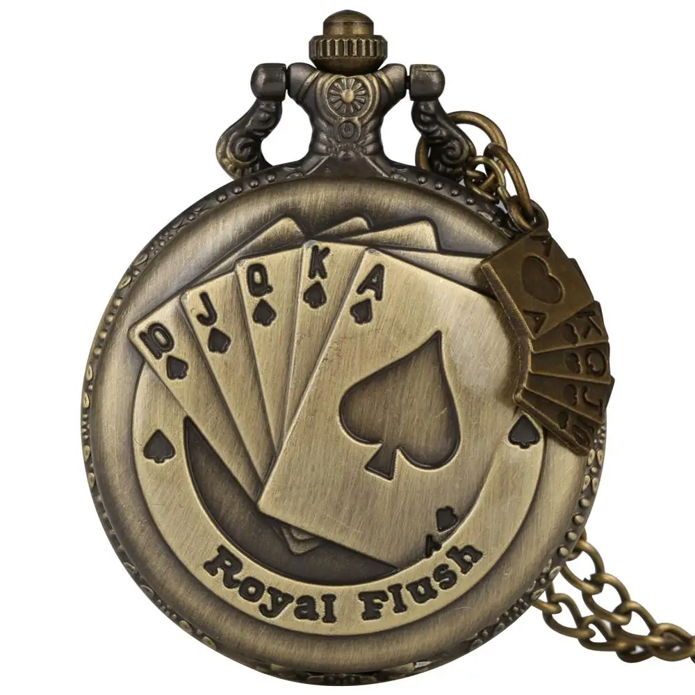 Vintage retro bronze royal flush quartz pingente fob relógio de bolso com colar corrente presente venda quente relógio para homem