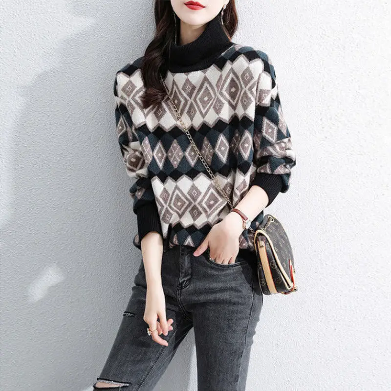 

2023 Ladies Half Turtleneck Sweater New Autumn And Winter Pullover Korean Version Loose Outer Wear Diamond Knit Top Women