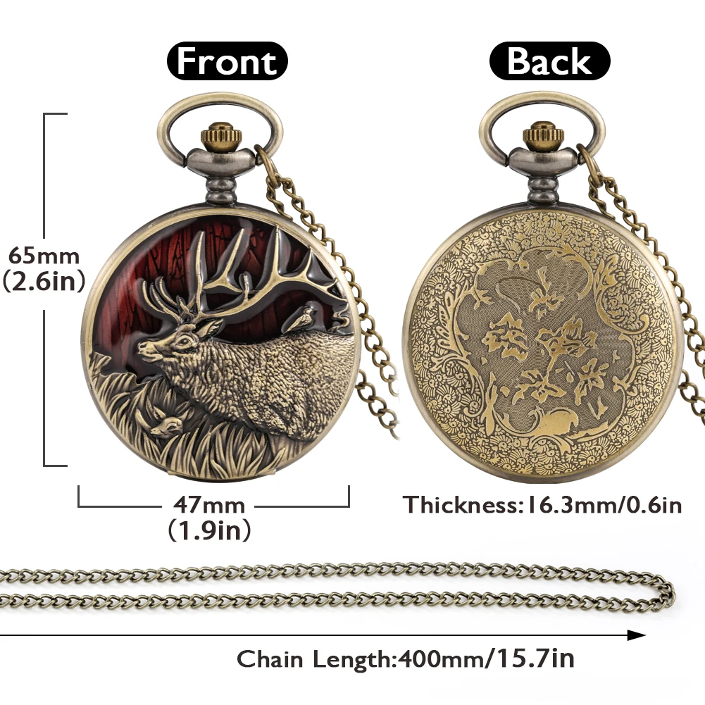 Chic Retro Bronze Elk Pattern Quartz Necklace Pocket Watch Vintage Sweater Chain Exquisite Pendant Pocket Clock for Men Women