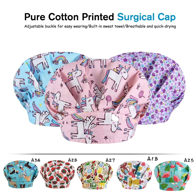 

Cartoon Printing Nurse Hats Sweat-absorbent Head Wrap Towel Anti-dirty Unisex Medical Surgical Hat Cotton Bouffant Scrub Cap