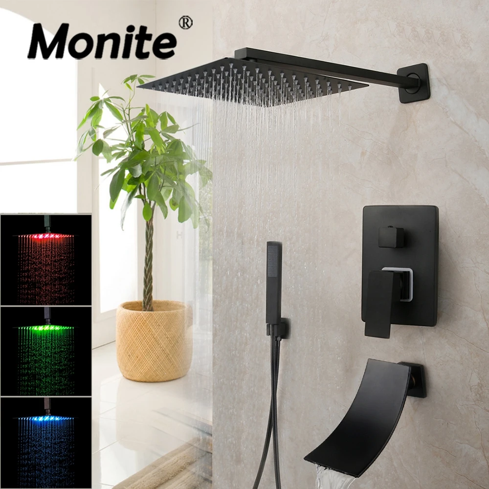 

Monite 8 12 16 Inch Matte Black Shower Faucet Rainfall Tub LED Bathtub Rain Square Shower Head Waterfall Shower Faucet Set