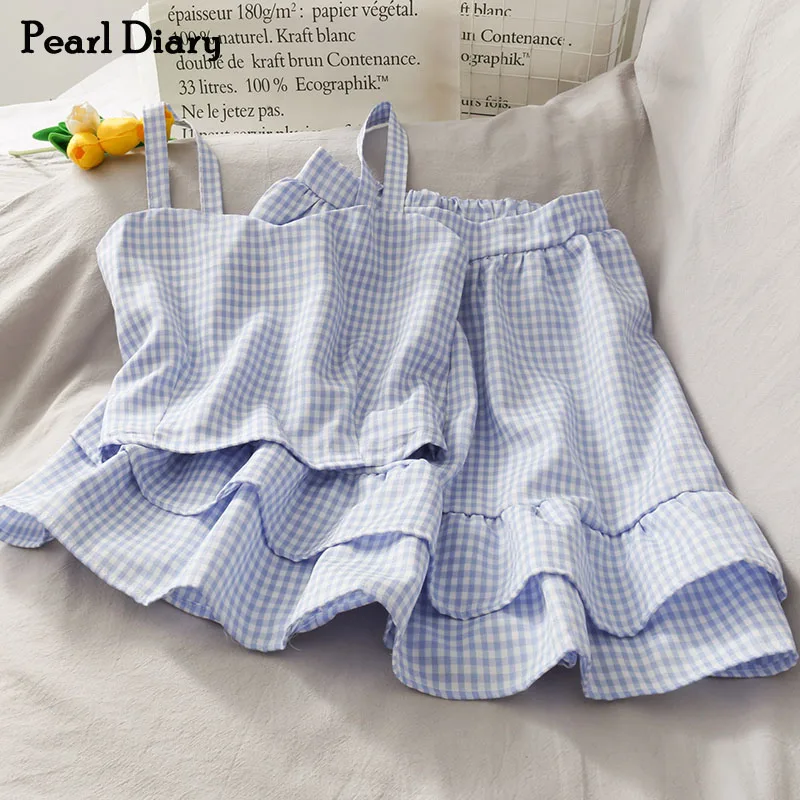 CLEARANCE COST Women Plaid Sets Ladies Two Pieces Back Smocked Spaghetti Crop Tops Ruffle Mini Skirts Female Summer Sweet Sets