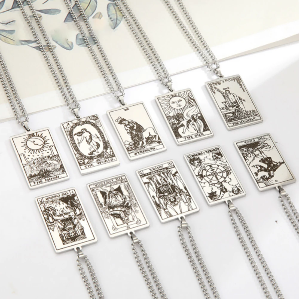 LIKGREAT Vintage Large Tarot Cards Necklace for Women Men Stainless Stee Esotericism Pendant Major Arcana Amulet Jewelry Couple