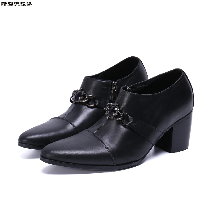 Luxury Italian Men Business Shoes Pointed Toe Formal Dress Shoes Metal Charm Genuine Leather Party Men Shoes Black High Heels