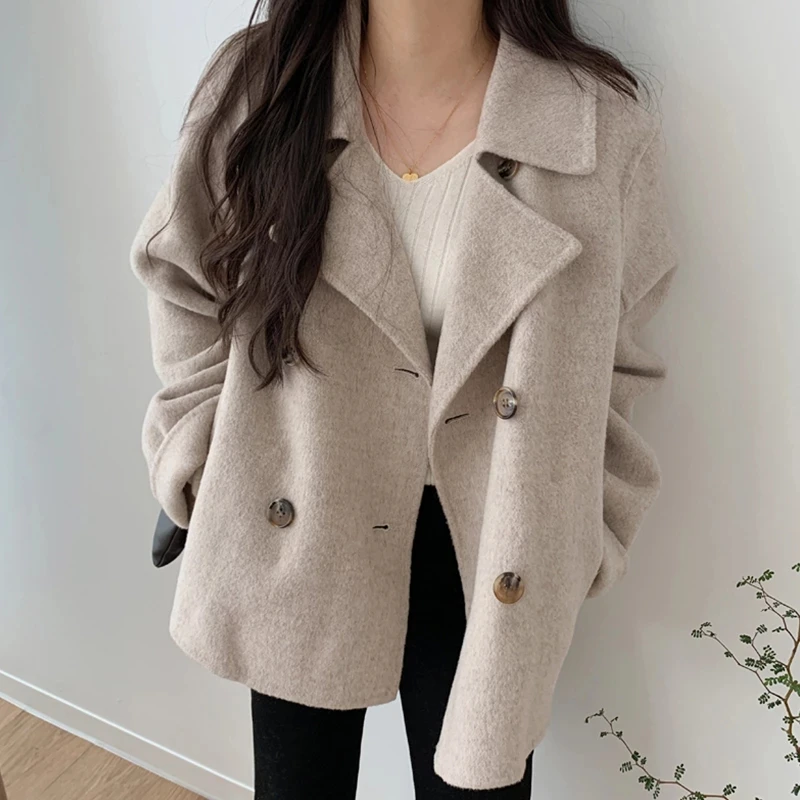 Women Turn-down collar Long-sleeved Double Breasted Woolen Coat Female Solid Color Minimalist Jacket Coats Outerwear