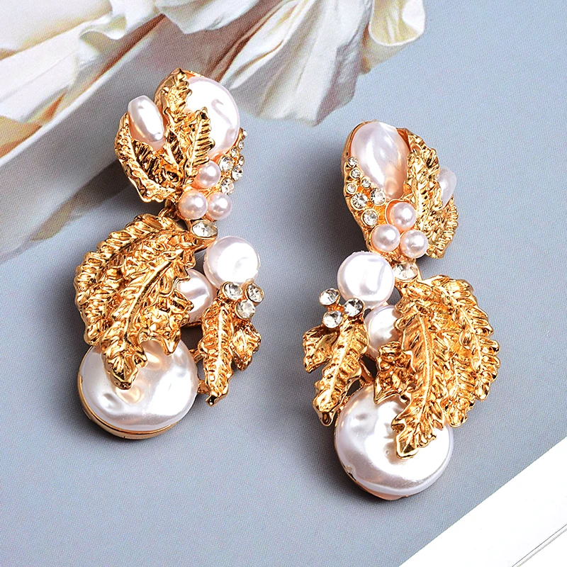 Fashion Gold Color Metal Dangle Earrings For Women Girls Trendy Boho Simulated Pearl Statement Drop Earrings Wedding Jewelry