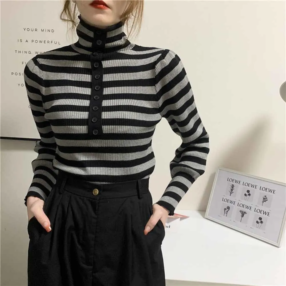 Winter Turtleneck Knitted Sweater Women Autumn Korean 2022 Long Sleeve Striped Pullover Slim Base Outwear Ladies Elegant Jumper