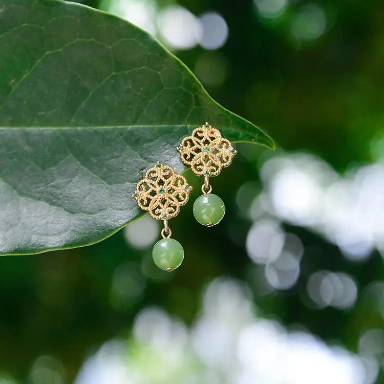 Original design natural Hetian white jade carved hollow Earrings Chinese style retro unique gold craft women's Christmas gift