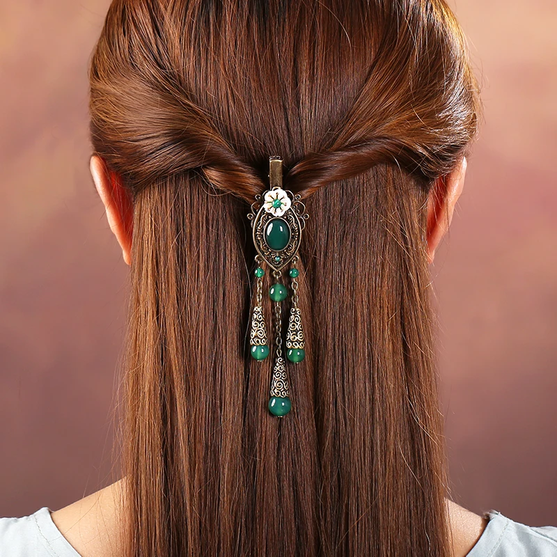 Classic Green Red Agate Vintage Hair pin  Tassel Ethnic Hair Jewelry Barrettes Women Fashion Hair Clip Chinese Head Ornaments