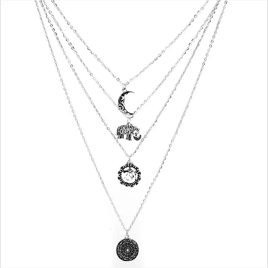 Bohemian Necklace Moon Elephant Ancient Pendent Silver Color Long Alloy Chain Choker Statement Necklace Collar S1917