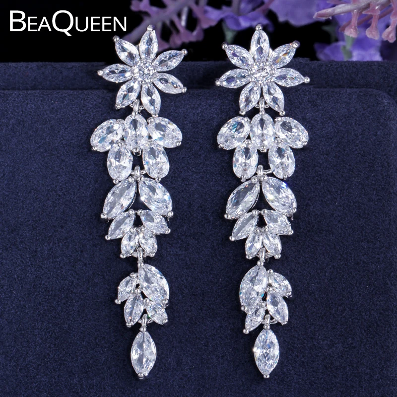 

BeaQueen Gorgeous Flower Leaf Cluster Cubic Zirconia Long Dangle Drop Earrings for Women Bridal Wedding Jewelry Gift E249