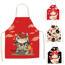 Tablier de cuisine chat porte-bonheur pour femme, coton, lin, bavoirs, ménage, livres, chasuble, maison