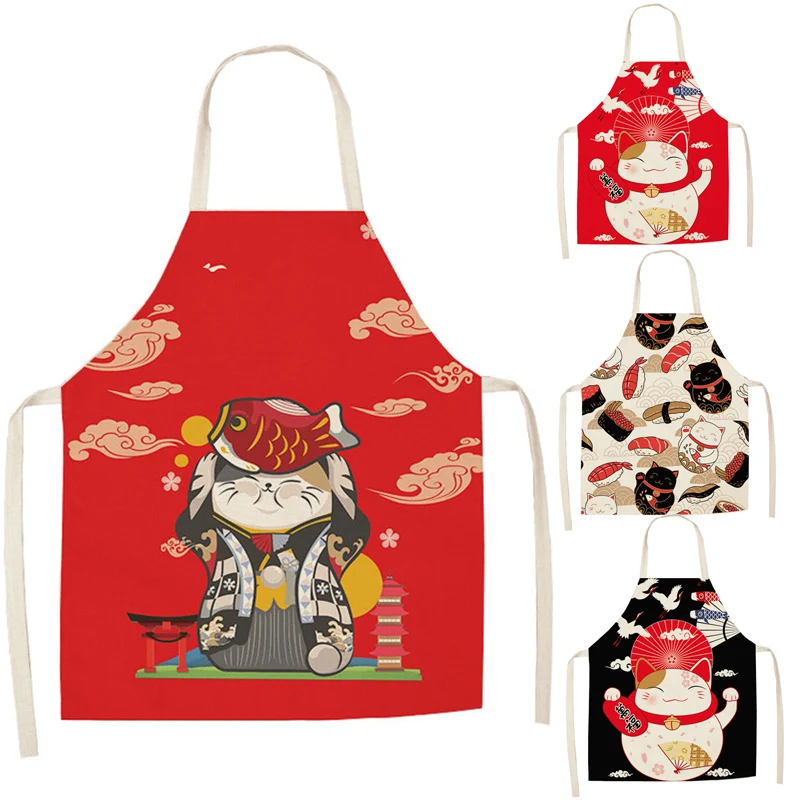 Lucky Cat Apron Kitchen Aprons for Women Cotton Linen Bibs Household Cleaning Pinafore Home Cooking Apron