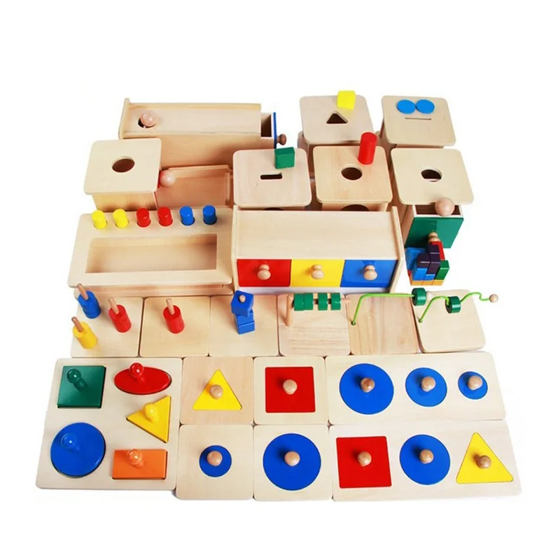 Montessori Infant Toddler Toys Wooden Imbucare Boxes Dowels Game Shape Puzzles Geometric Board Kids Hand-Eye Coordination Train