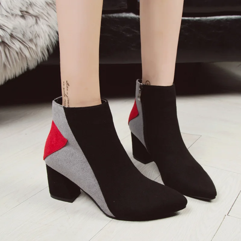 Pointed Toe Square heel High heels Booties single boots women  autumn Winter shoes woman Mixed Colors Fashion boots female