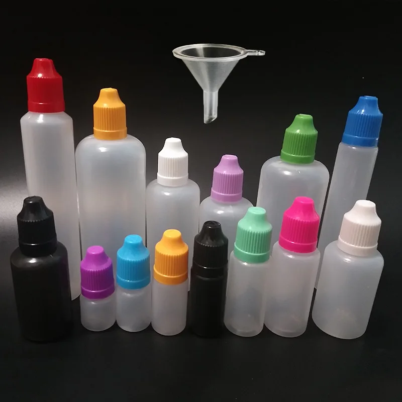 

50pcs 5ml 10ml 15ml 20ml 30ml 50ml 60ml 100ml 120ml PE Plastic Empty bottle Squeeze E Liquid Dropper Bottle + funnele