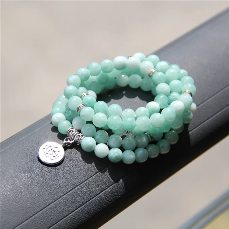 Buddhism 108 Beads Mala Bracelets Women Yoga Prayer Lotus Charm Pulsera 8 mm Natural Kunsite Chalcedony Stone Beads Bracelet