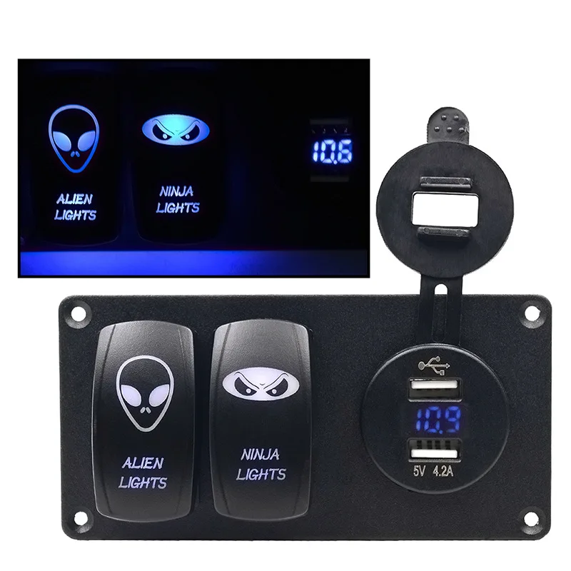 12V/24V 3 Gang Rocker Switch Panel with 4.2A Dual USB Charger and LED Digital Voltmeter for Marine Boat Car Rv Rocker Switch