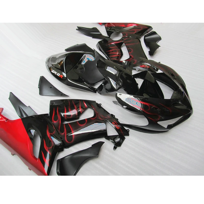 

Red Flames Black Motorcycle parts for Kawasaki Ninja ZX6R fairing kit 2005 2006 plastic racing fairing set zx6r 05 06 FY19