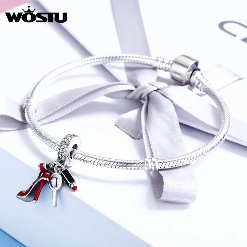 WOSTU Family Heart Copper Charm High heels Pendant Bee Boy & Girl Charm Dangle Beads Fit Original Bracelets For Women Jewelry image 2