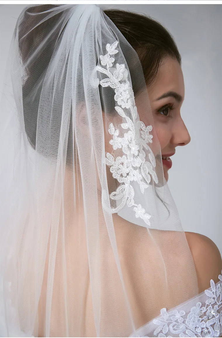 Voile de mariage court avec peigne, avec appliques en dentelle, coupe, couvre-chef de mariée, une couche, longueur coude, accessoire de mariée