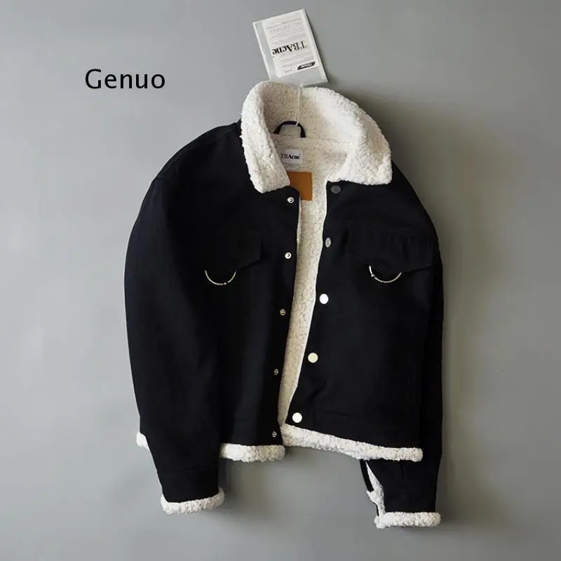 Autumn Winter New 2021 Women Lambswool Jean Coat With Big Pockets Long Sleeves Warm Jeans Coat Outwear Wide Denim Jacket