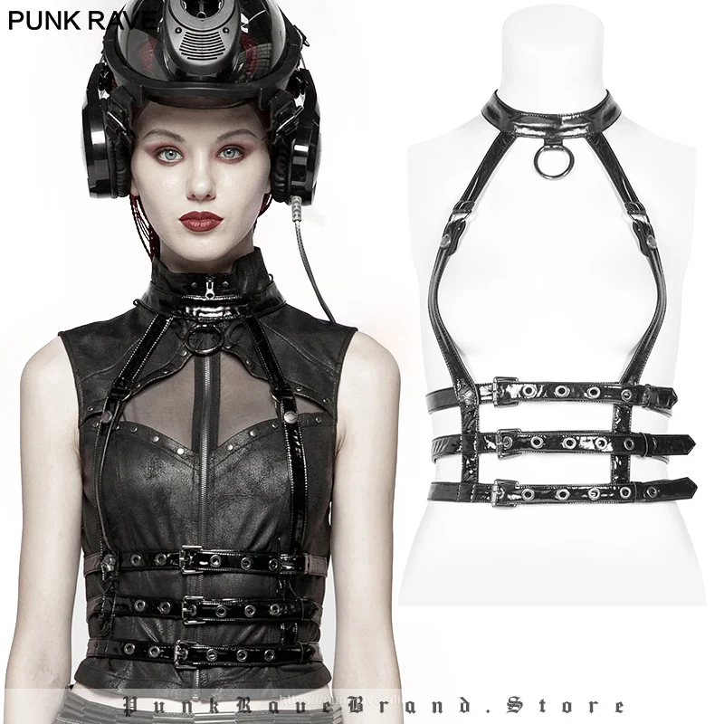 PUNK RAVE Gothic Post Apocalyptic Fetish Women's Black Shiny Synthetic Vegan Leather Harness Sexy Spine Shaped Accessory Belt