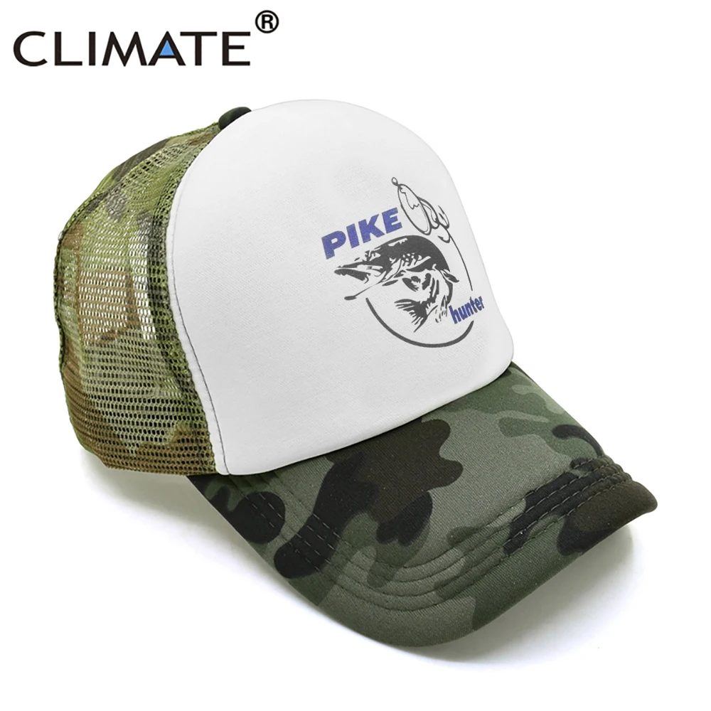 CLIMATE Pike Fish Hunt Trucker Cap Pike Fishing Caps for Man Camouflage Fishing Hat Baseball Cap Cat Summer Cool Mesh Caps Men