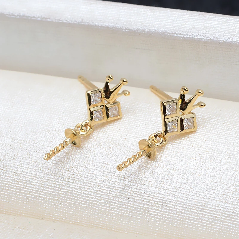 Nice Quality Crown 18K Yellow Gold Stud Earrings Mountings Settings Parts AU750 Jewelry Findings for Pearls Beads Stones