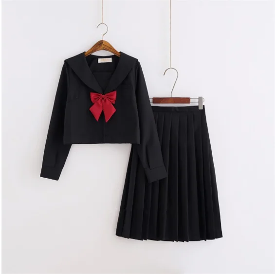 Japanese School Uniform Kansai Bad Black Suit for Students JK Kawaii Sailor Collar Bow High School Top Long Pleated Skirt Set