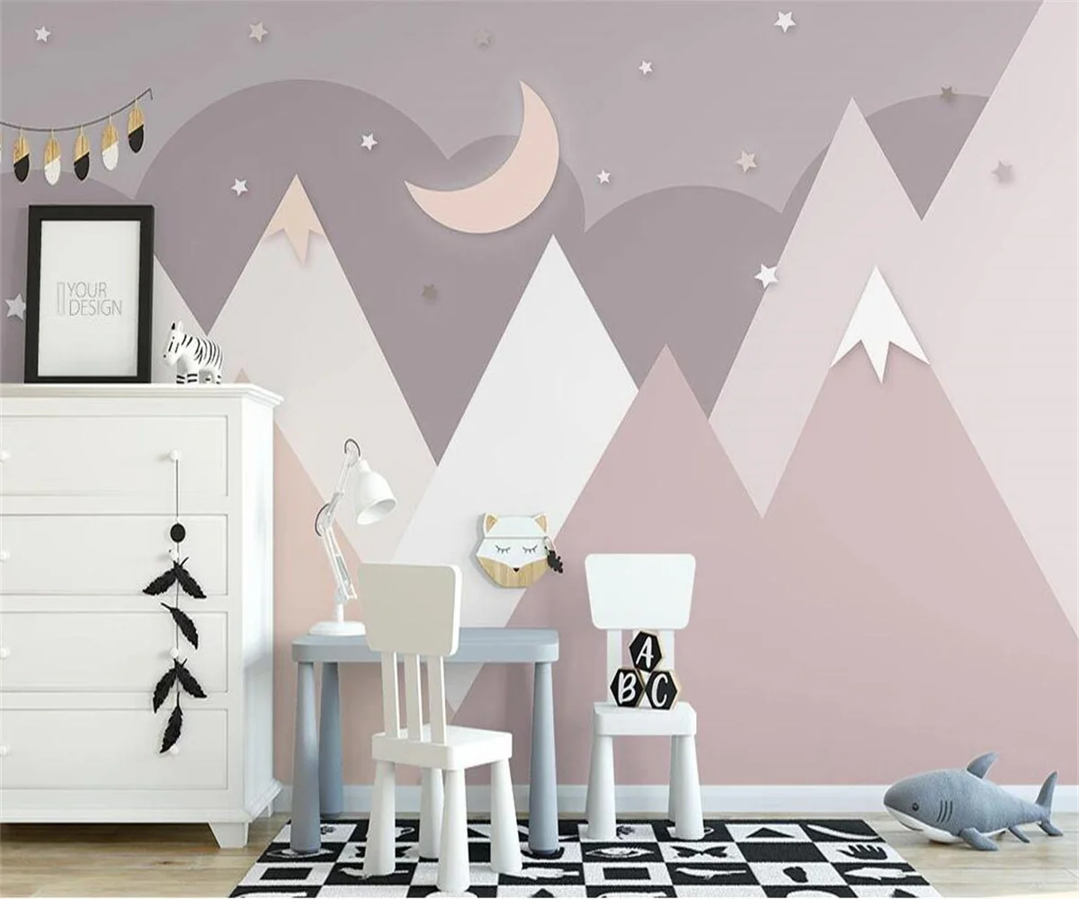 Custom  Wall paper North relief self-adhesive material mural Pink mountain peak Children's room Starry sky 3D Wallpaper photo