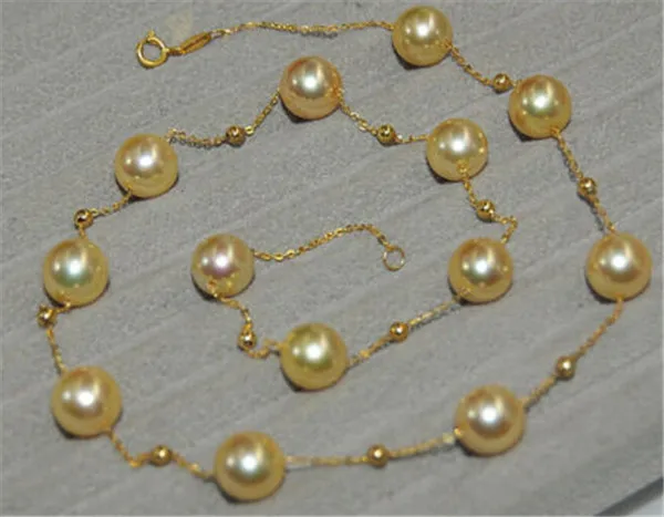 

HABITOO Stunning AAA Natural 8-9mm Real Gold Round Cultured Pearl Gold Bead Necklace 18k Gold Hain for Women Fashion Jewelry