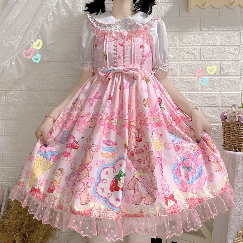 Lolita Dress Women Kawaii Lolita JSK Dresses Cute Bow Bear Print Pink Ruffle Vintage Splicing Lace High Waist Girls Strap Dress