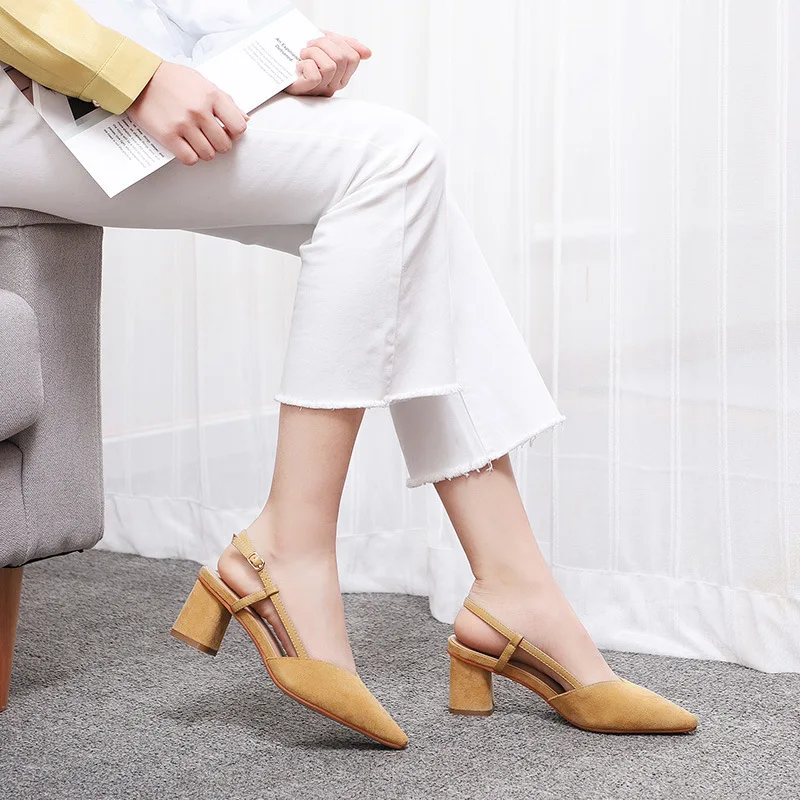 Sexy word buckle sandals women 2020 summer new Flock Buckle Strap 6CM Thick High Heels Pointed Toe Shallow Back Strap shoes